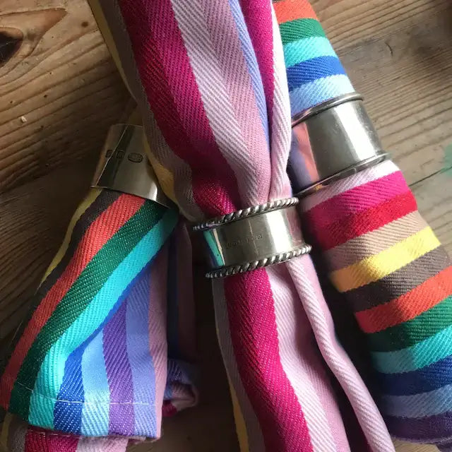 3 Rainbow napkins cotton rolled up with silver ring holders