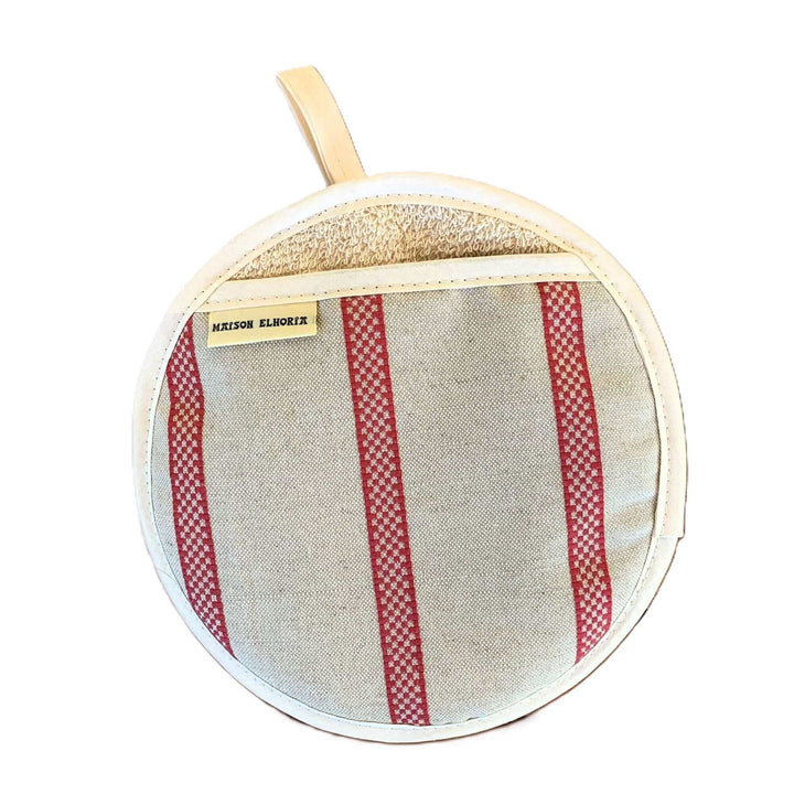  pot holder type off white with red embroided stripes cut image