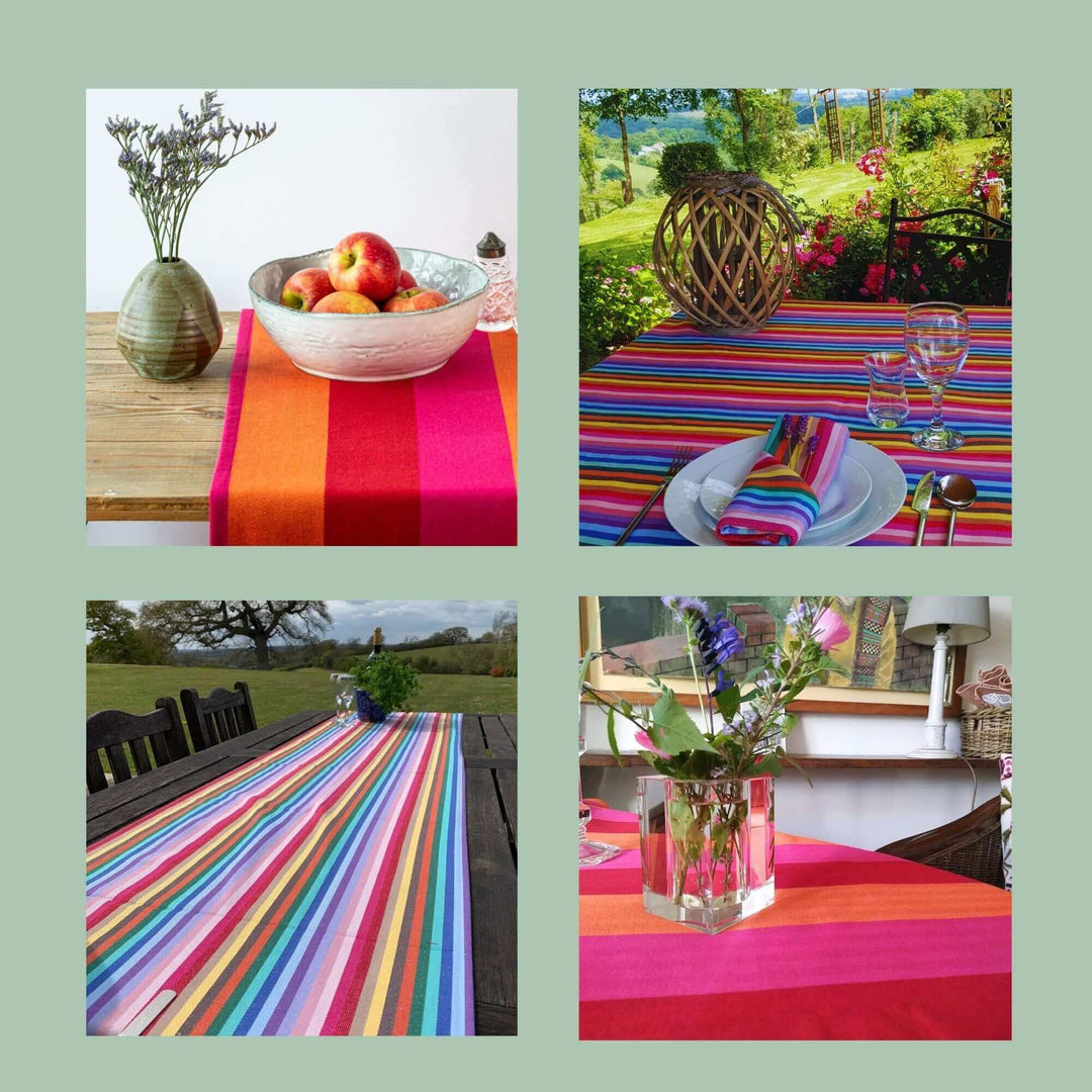Collage of 4 photos of rainbow and red orange pink tablecloth and table runner 