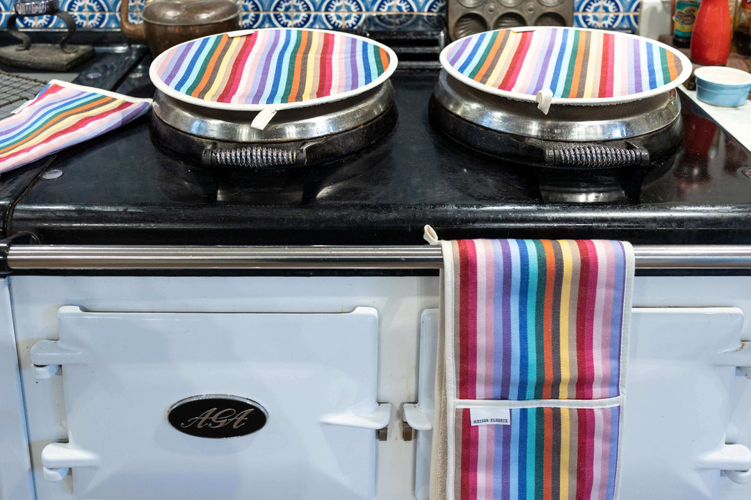 Pale blue Aga range cooker showing from above a pair of matching rainbow hob covers, a long oven glove, a double oven gloves