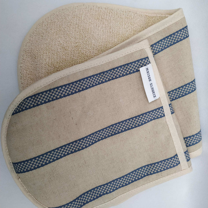Premium linen union double oven gloves with blue stripes  with white background