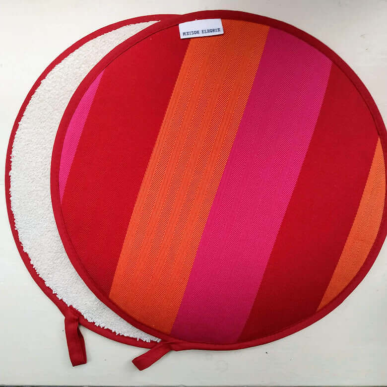  Two Red  Orange pink striped premium quality insulating Aga hob plate cover on white background from Maisonelhoria.com