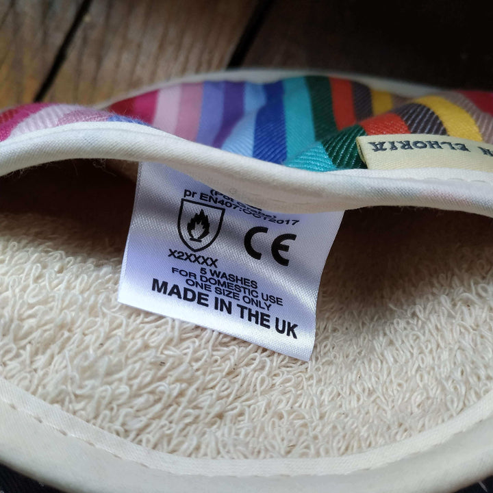 Inside close up of a round pot grabber and label on a wooden table background