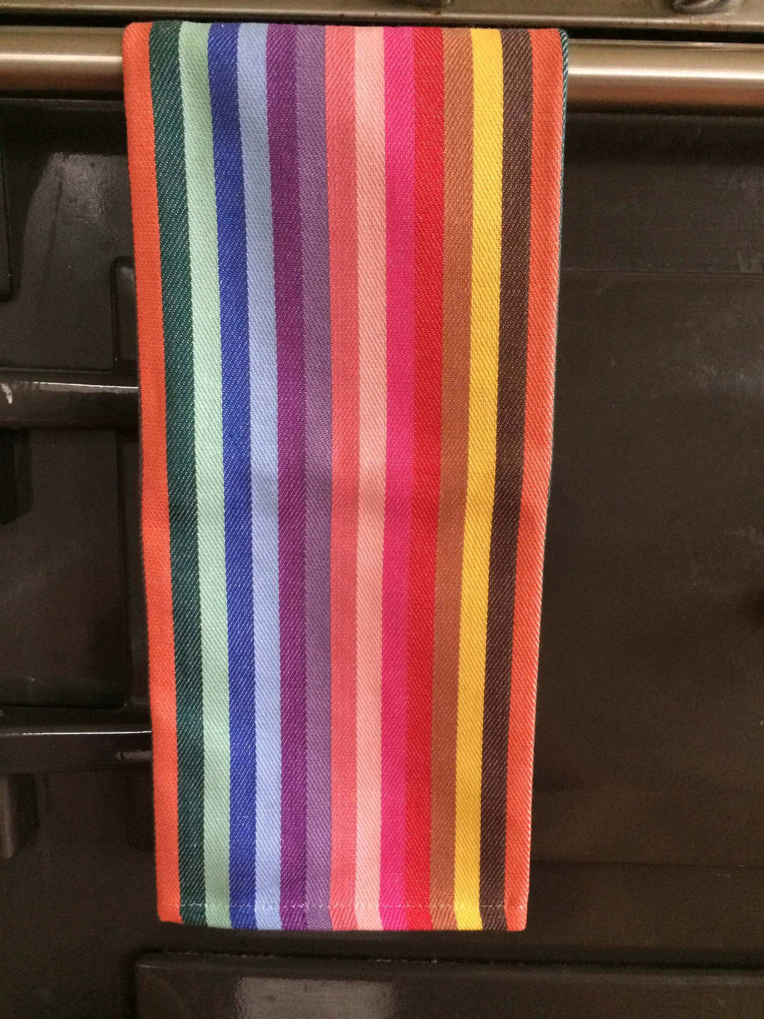 rainbow kitchen towel hanging over an Everhot railing