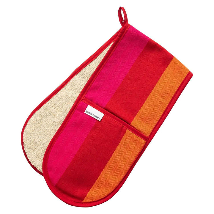 Double oven gloves red orange long wide striped pink cut image